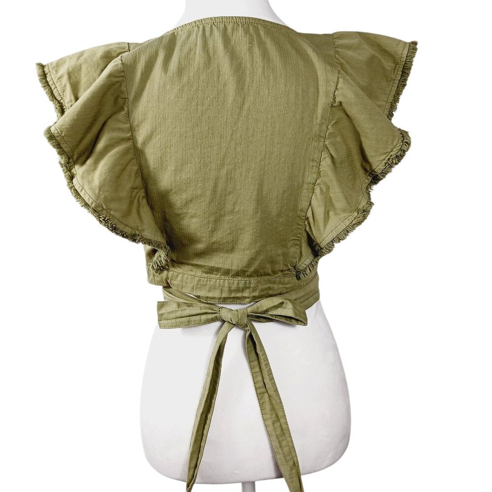 DO + BE, Khaki Green Crop Top Wrap Tie Waist Ruffled Sleeves Cotton, Festival, S - Picture 3 of 13